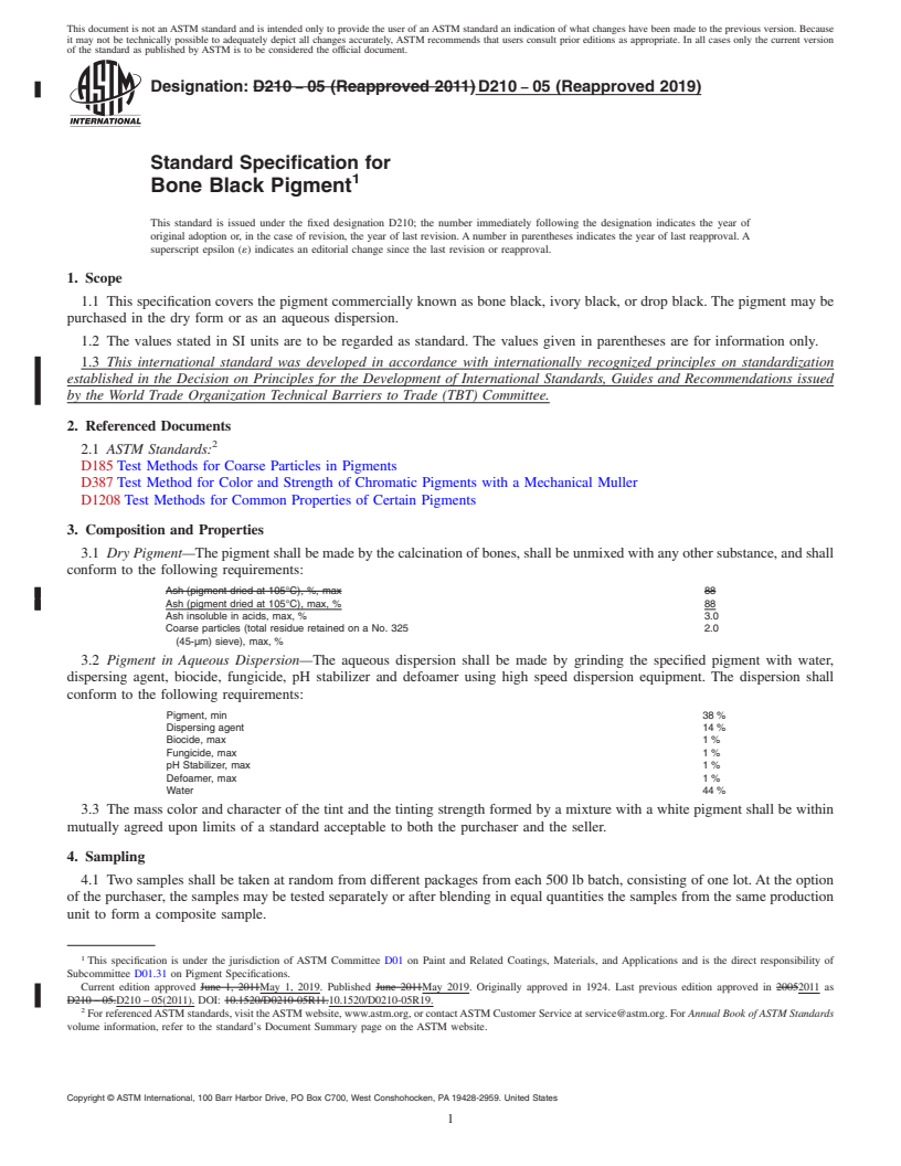 REDLINE ASTM D210-05(2019) - Standard Specification for Bone Black Pigment