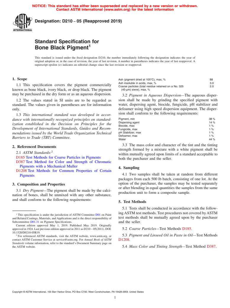 ASTM D210-05(2019) - Standard Specification for Bone Black Pigment