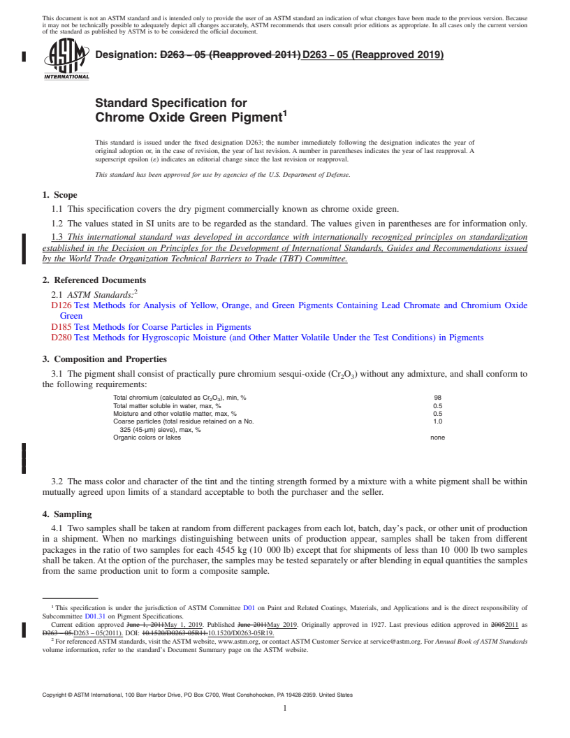 REDLINE ASTM D263-05(2019) - Standard Specification for Chrome Oxide Green Pigment