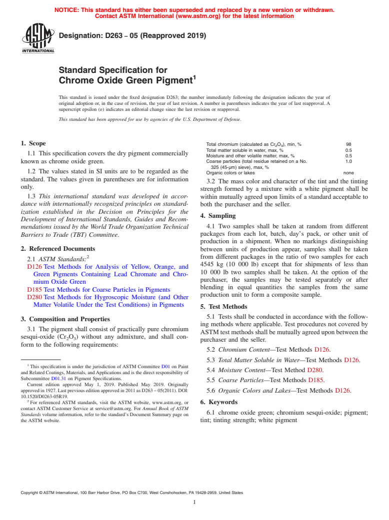 ASTM D263-05(2019) - Standard Specification for Chrome Oxide Green Pigment