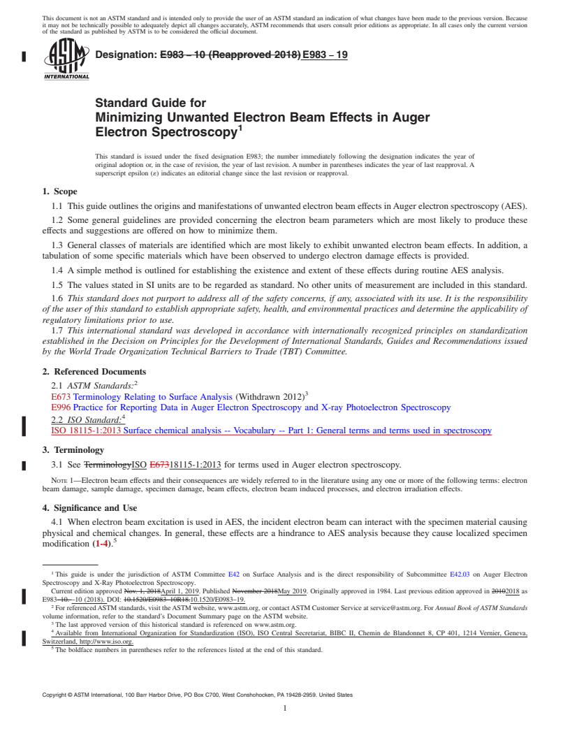 REDLINE ASTM E983-19 - Standard Guide for Minimizing Unwanted Electron Beam Effects in Auger Electron  Spectroscopy