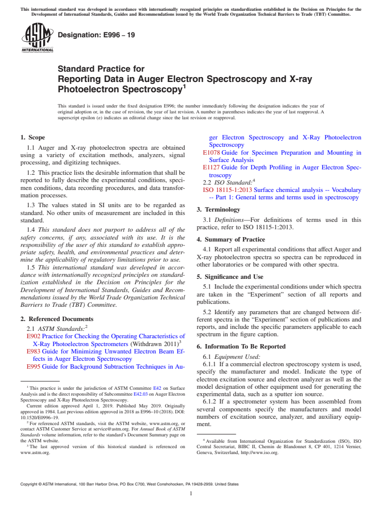 ASTM E996-19 - Standard Practice for Reporting Data in Auger Electron Spectroscopy and X-ray Photoelectron  Spectroscopy