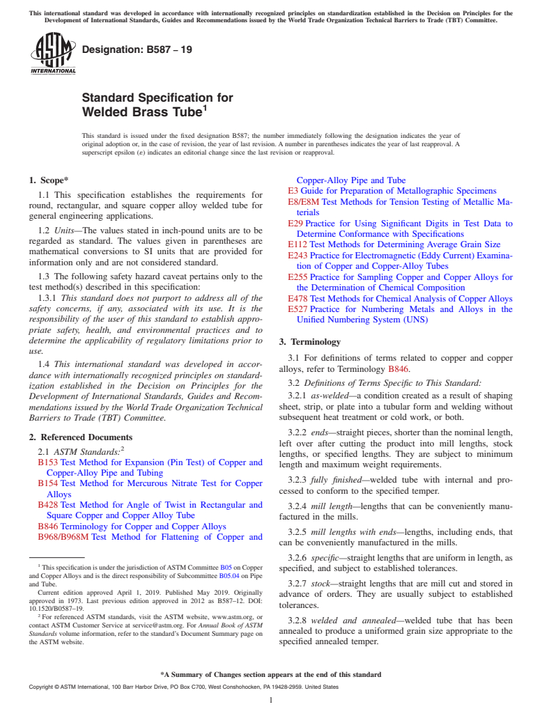 ASTM B587-19 - Standard Specification for Welded Brass Tube