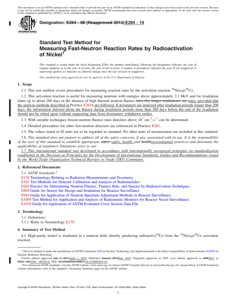 REDLINE ASTM E264-19 - Standard Test Method for  Measuring Fast-Neutron Reaction Rates by Radioactivation of  Nickel
