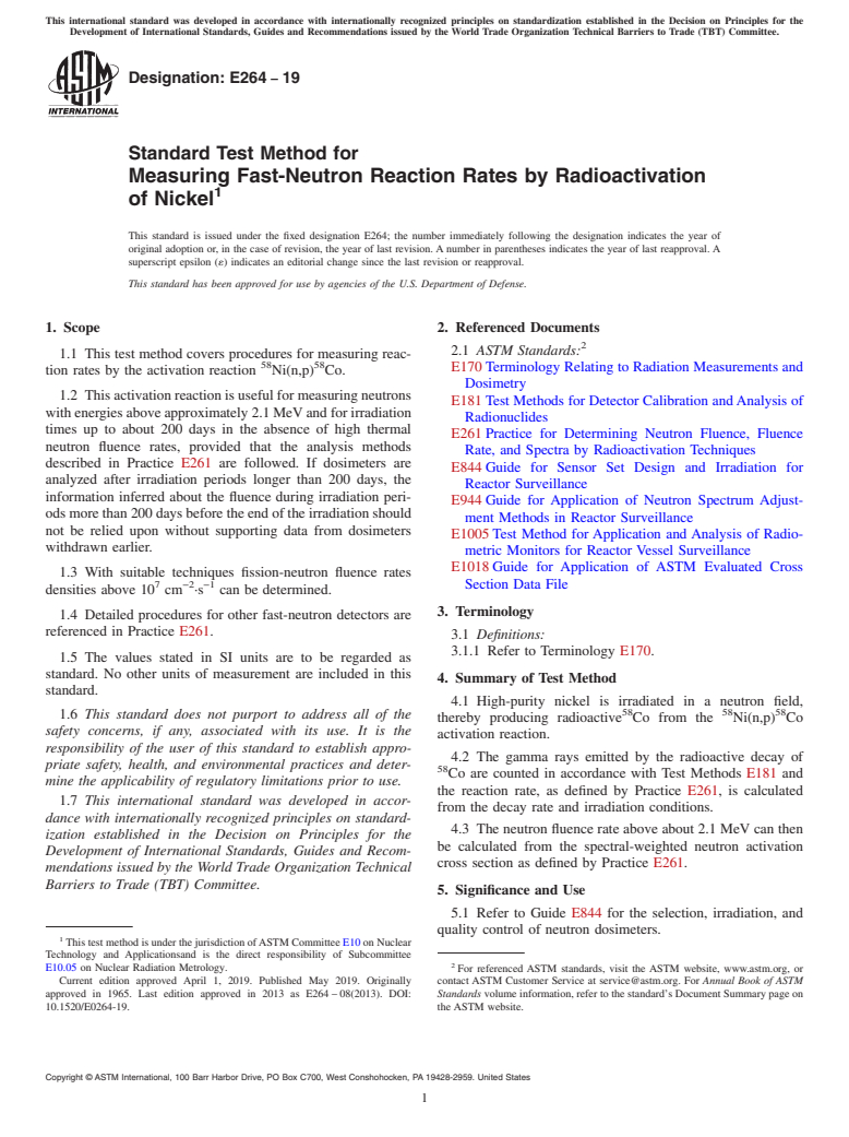 ASTM E264-19 - Standard Test Method for  Measuring Fast-Neutron Reaction Rates by Radioactivation of  Nickel