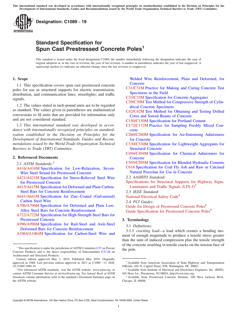 ASTM C1089-19 - Standard Specification for  Spun Cast Prestressed Concrete Poles