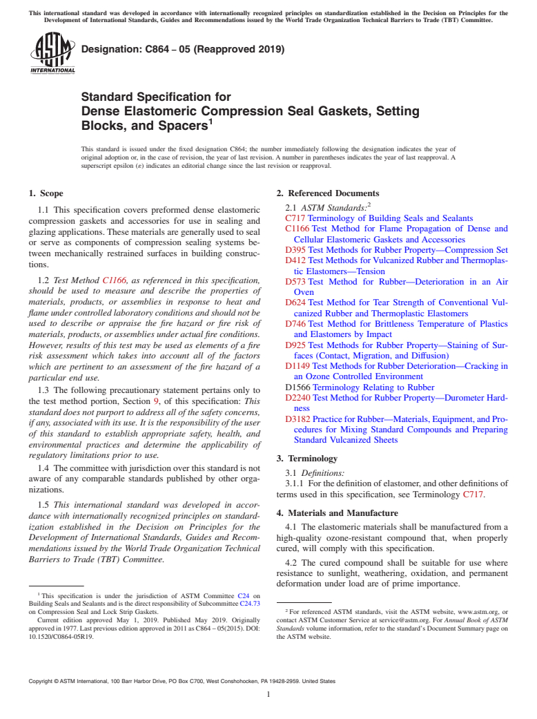 ASTM C864-05(2019) - Standard Specification for  Dense Elastomeric Compression Seal Gaskets, Setting Blocks,  and Spacers