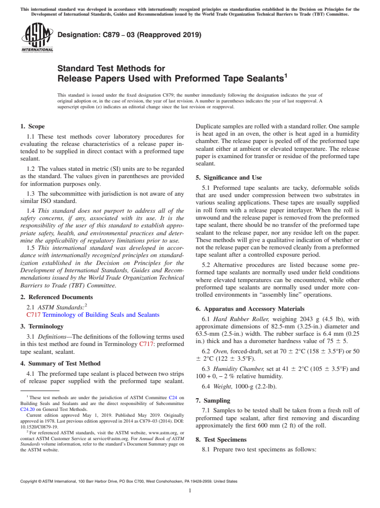 ASTM C879-03(2019) - Standard Test Methods for  Release Papers Used with Preformed Tape Sealants