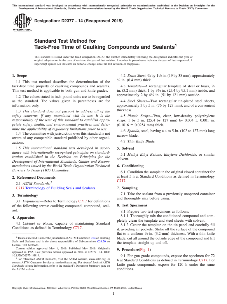 ASTM D2377-14(2019) - Standard Test Method for  Tack-Free Time of Caulking Compounds and Sealants