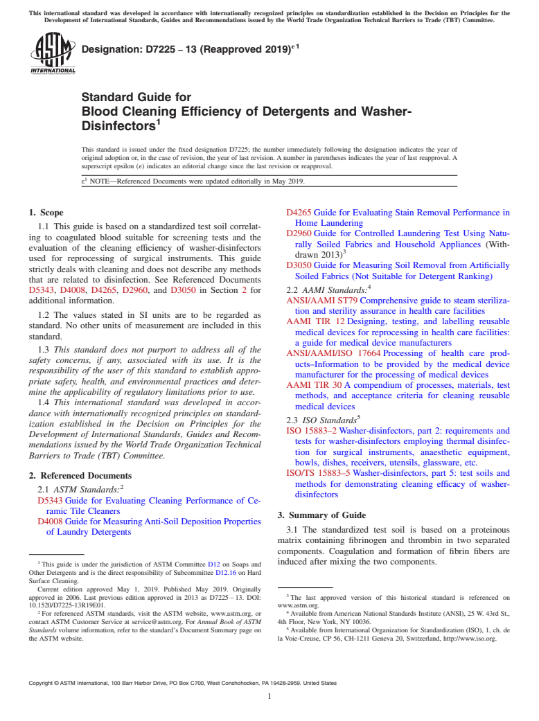 ASTM D7225-13(2019)e1 - Standard Guide for   Blood Cleaning Efficiency of Detergents and Washer-Disinfectors