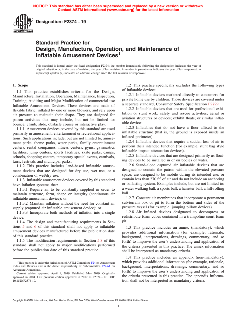 ASTM F2374-19 - Standard Practice for  Design, Manufacture, Operation, and Maintenance of Inflatable  Amusement Devices