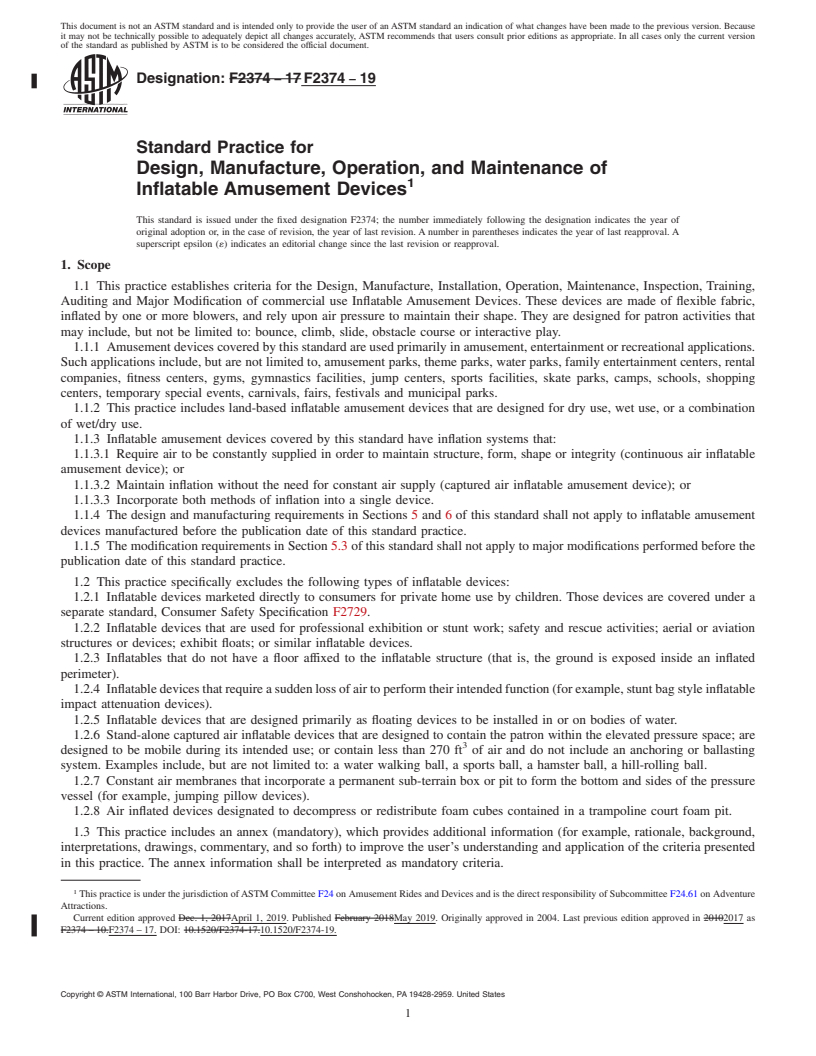 REDLINE ASTM F2374-19 - Standard Practice for  Design, Manufacture, Operation, and Maintenance of Inflatable  Amusement Devices