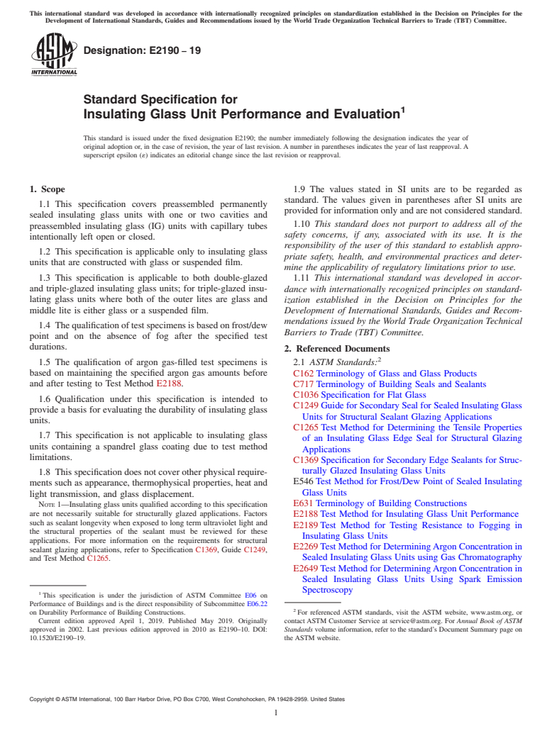 ASTM E2190-19 - Standard Specification for Insulating Glass Unit Performance and Evaluation
