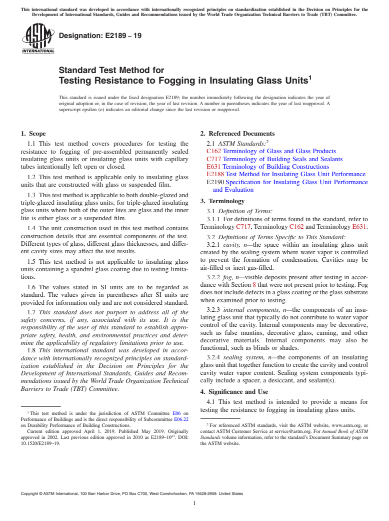 ASTM E2189-19 - Standard Test Method for Testing Resistance to Fogging in Insulating Glass Units