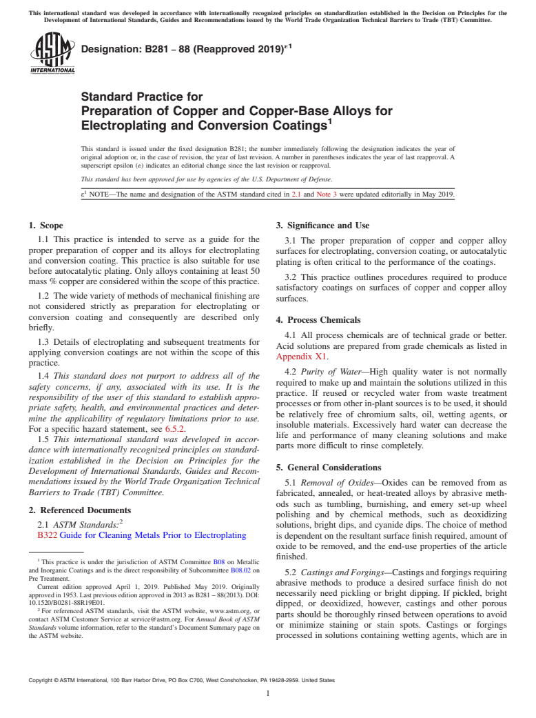 ASTM B281-88(2019)e1 - Standard Practice for  Preparation of Copper and Copper-Base Alloys for Electroplating  and Conversion Coatings