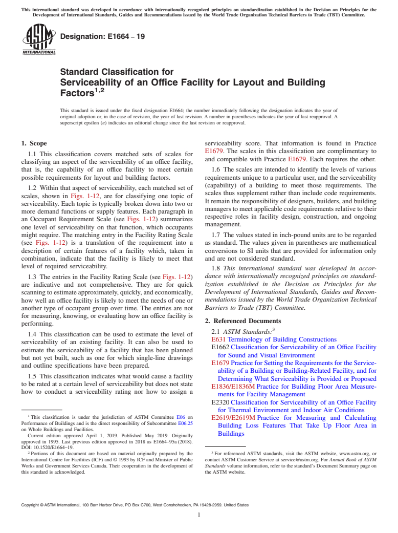 ASTM E1664-19 - Standard Classification for Serviceability of an Office Facility for Layout and Building  Factors<rangeref></rangeref  >