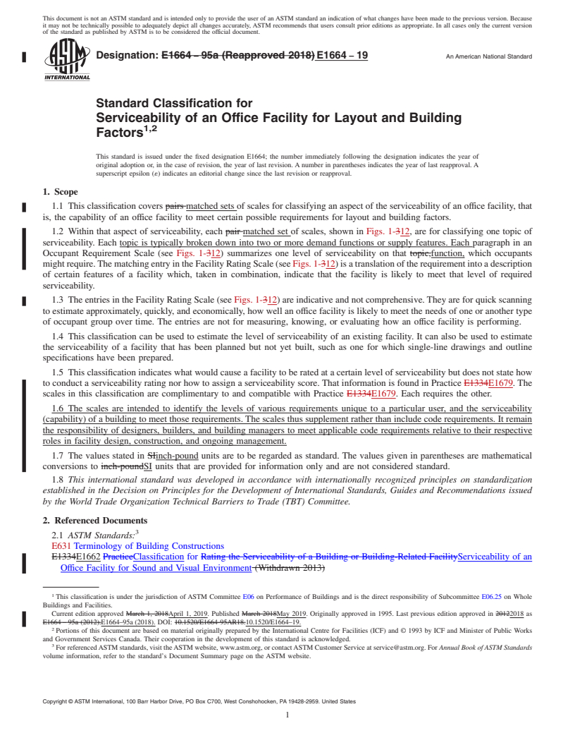 REDLINE ASTM E1664-19 - Standard Classification for Serviceability of an Office Facility for Layout and Building  Factors<rangeref></rangeref  >