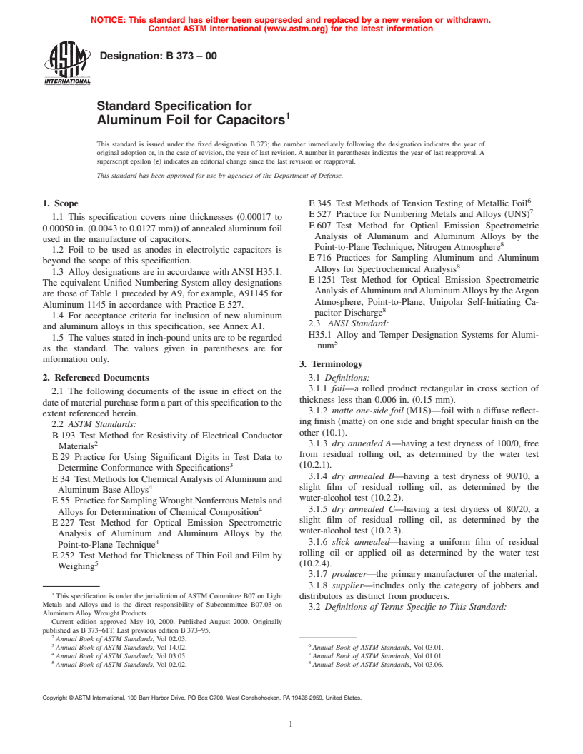 ASTM B373-00 - Standard Specification for Aluminum Foil for Capacitors