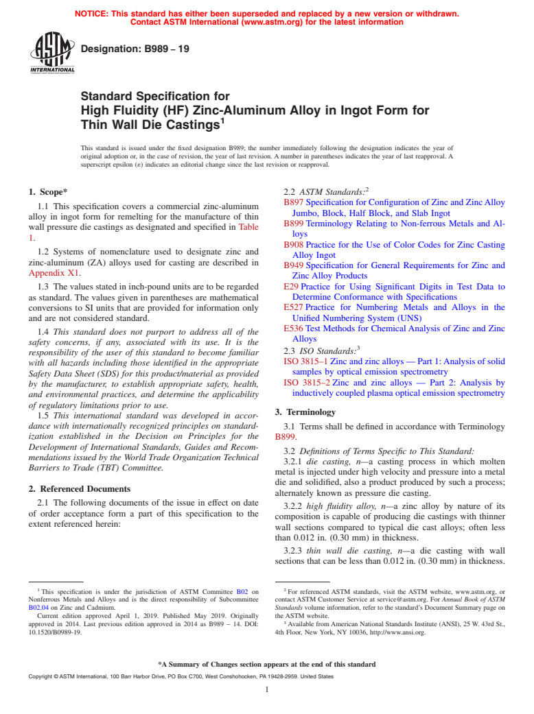 ASTM B989-19 - Standard Specification for High Fluidity (HF) Zinc-Aluminum Alloy in Ingot Form for Thin  Wall Die Castings