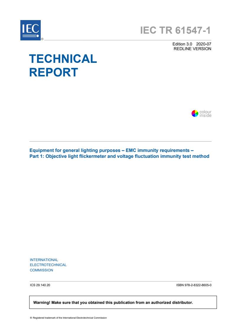 IEC TR 61547-1:2020 RLV - Equipment for general lighting purposes - EMC immunity requirements - Part 1: Objective light flickermeter and voltage fluctuation immunity test method
Released:7/1/2020
Isbn:9782832286050