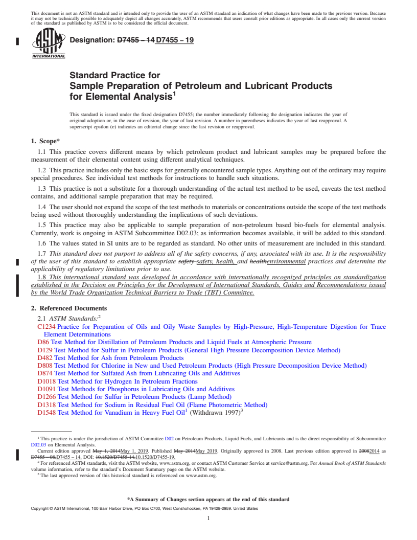 REDLINE ASTM D7455-19 - Standard Practice for Sample Preparation of Petroleum and Lubricant Products for  Elemental Analysis
