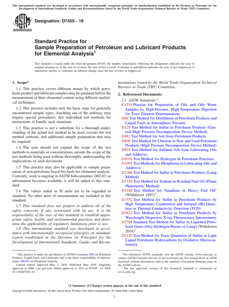 ASTM D7455-19 - Standard Practice for Sample Preparation of Petroleum and Lubricant Products for  Elemental Analysis