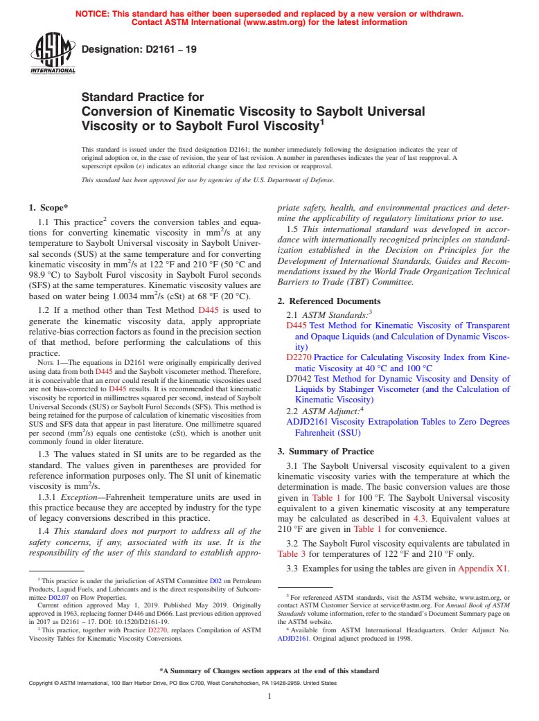 ASTM D2161-19 - Standard Practice for  Conversion of Kinematic Viscosity to Saybolt Universal Viscosity  or to Saybolt Furol Viscosity