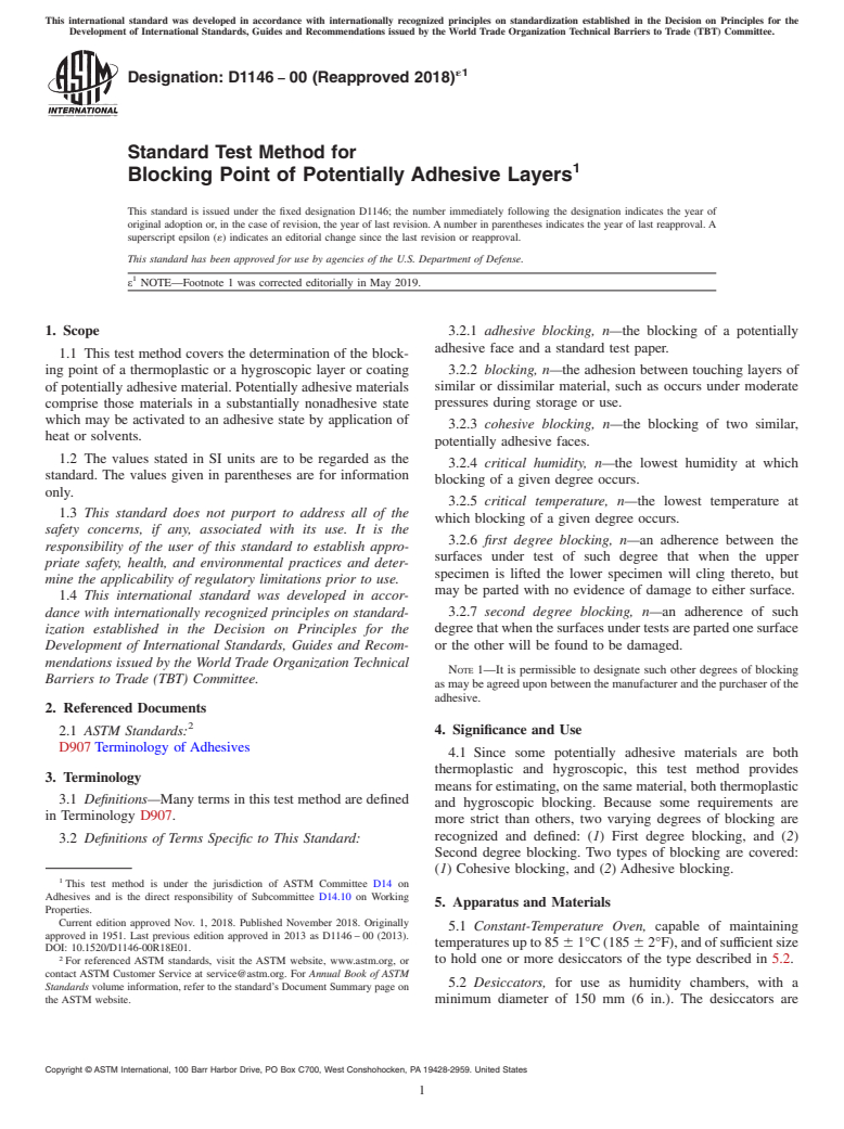 ASTM D1146-00(2018)e1 - Standard Test Method for Blocking Point of Potentially Adhesive Layers