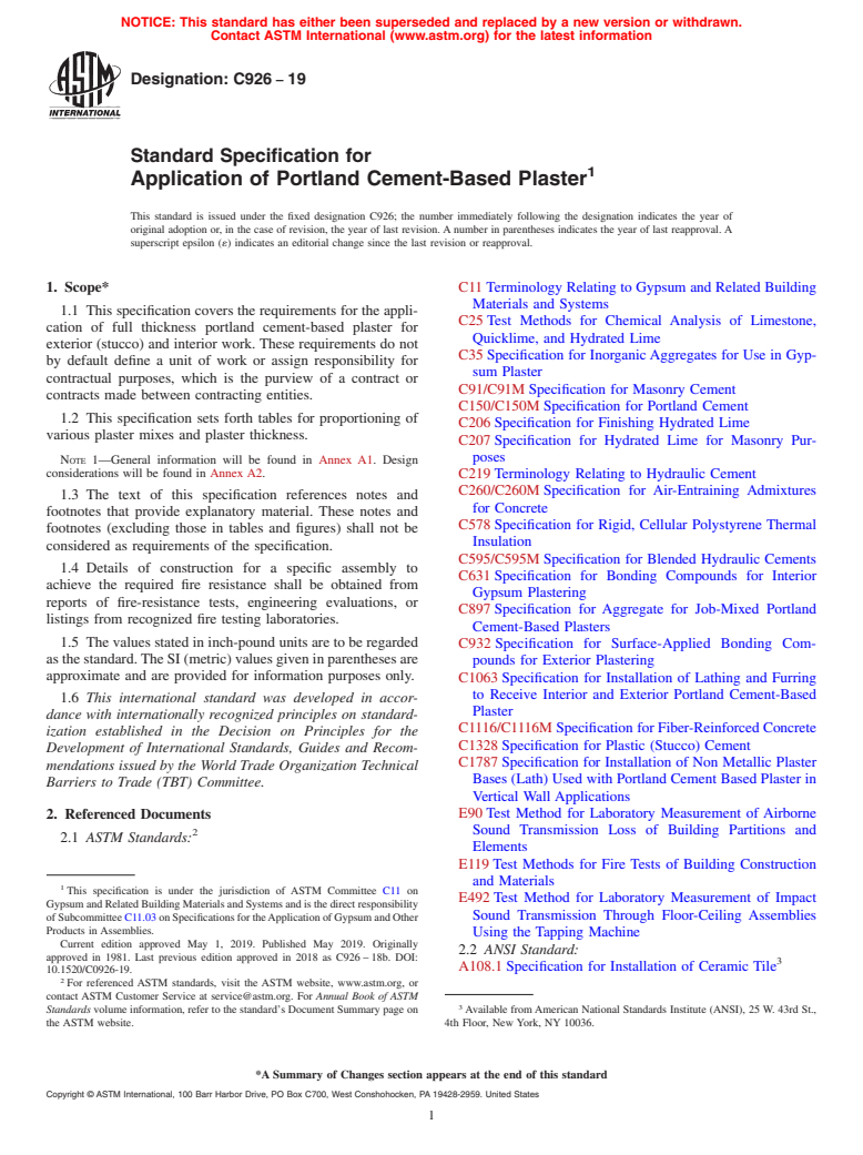 ASTM C926-19 - Standard Specification for  Application of Portland Cement-Based Plaster