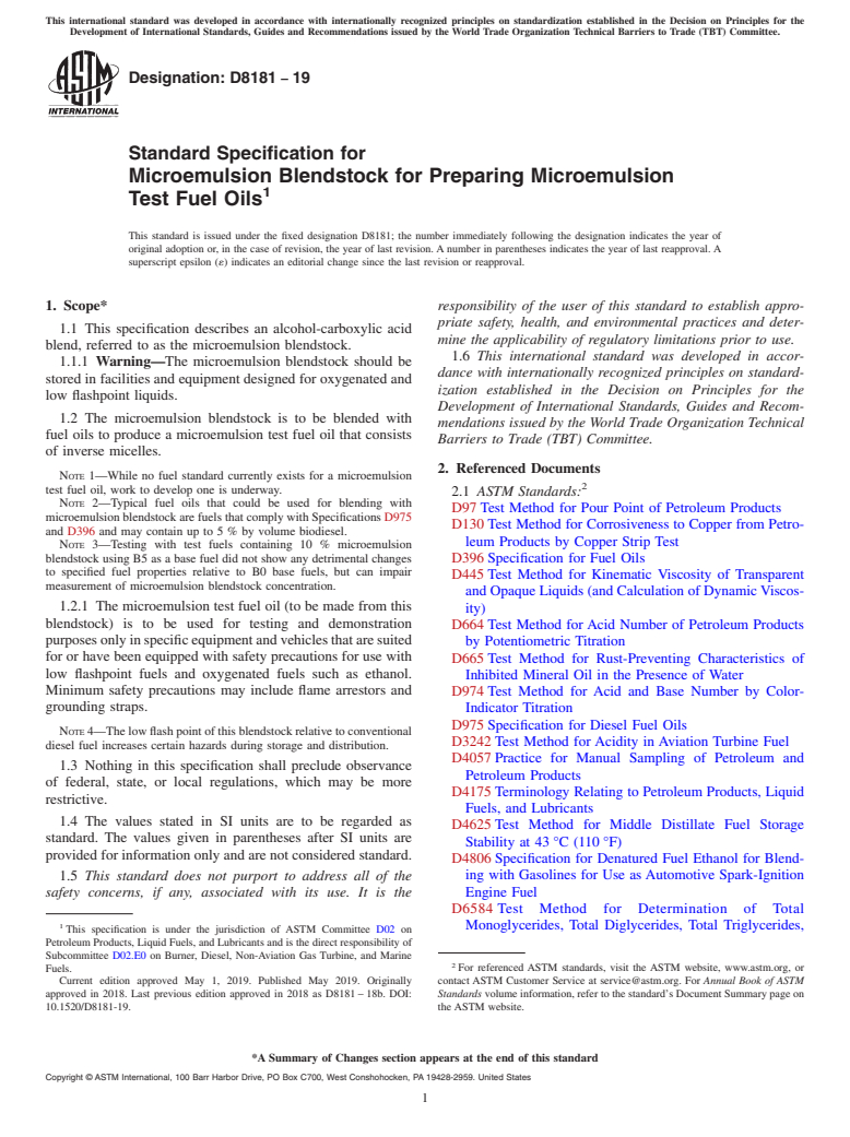 ASTM D8181-19 - Standard Specification for Microemulsion Blendstock for Preparing Microemulsion Test Fuel  Oils