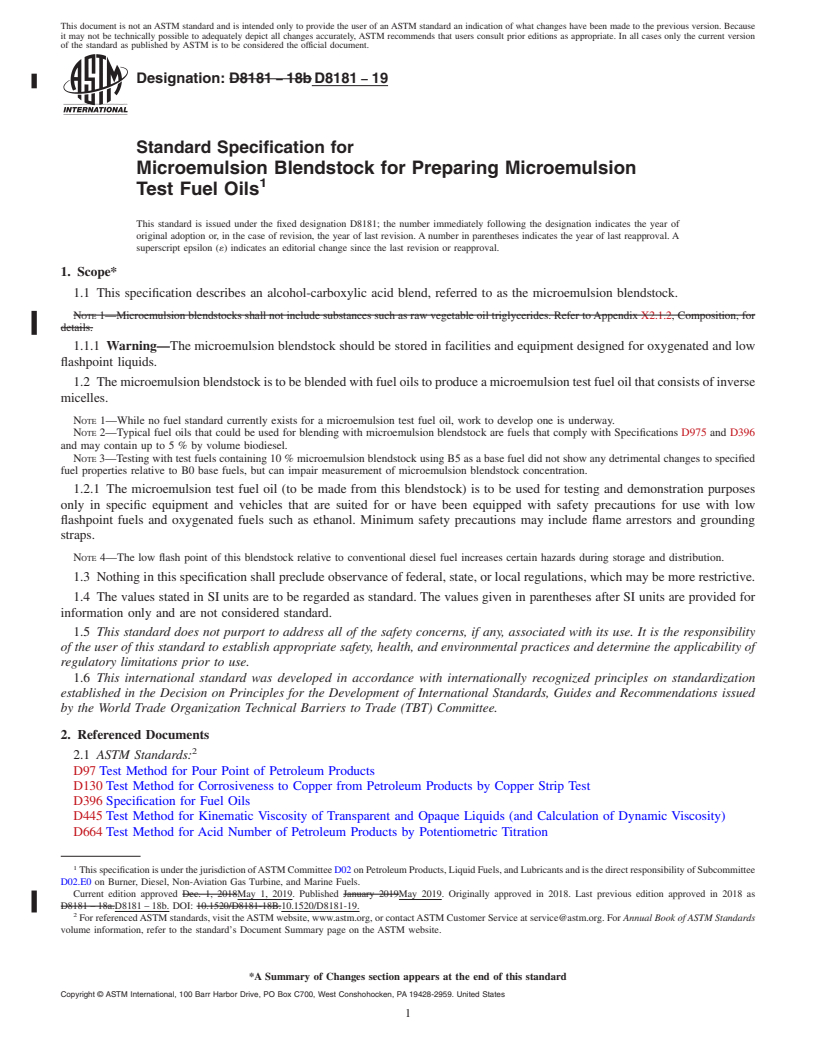 REDLINE ASTM D8181-19 - Standard Specification for Microemulsion Blendstock for Preparing Microemulsion Test Fuel  Oils