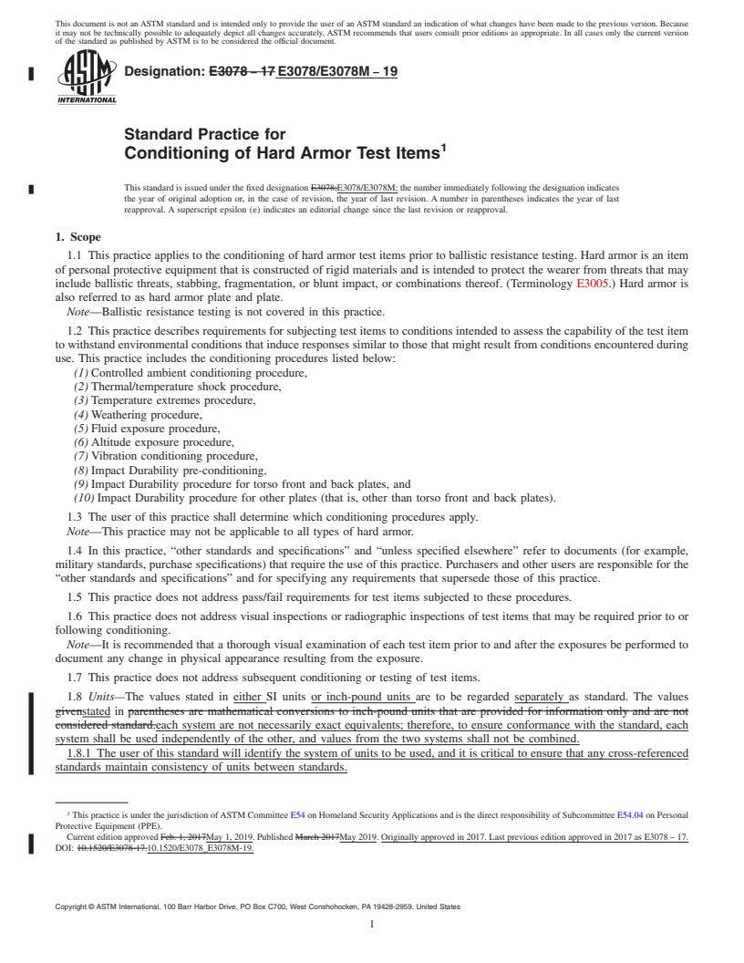 REDLINE ASTM E3078/E3078M-19 - Standard Practice for Conditioning of Hard Armor Test Items