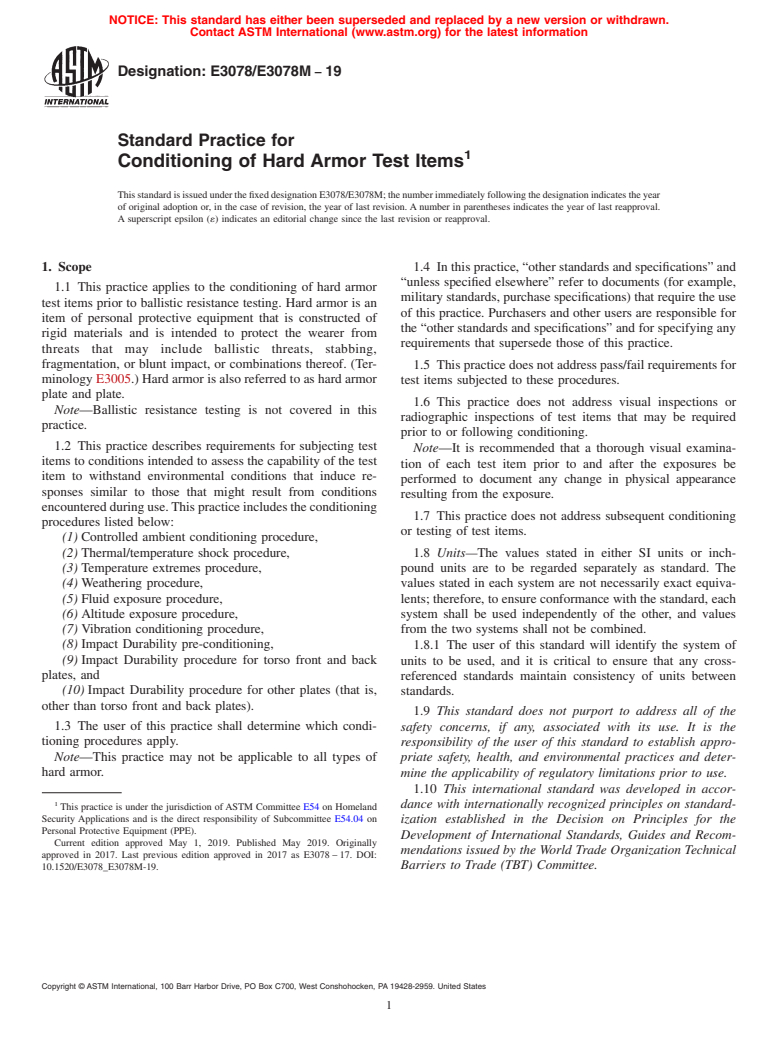 ASTM E3078/E3078M-19 - Standard Practice for Conditioning of Hard Armor Test Items