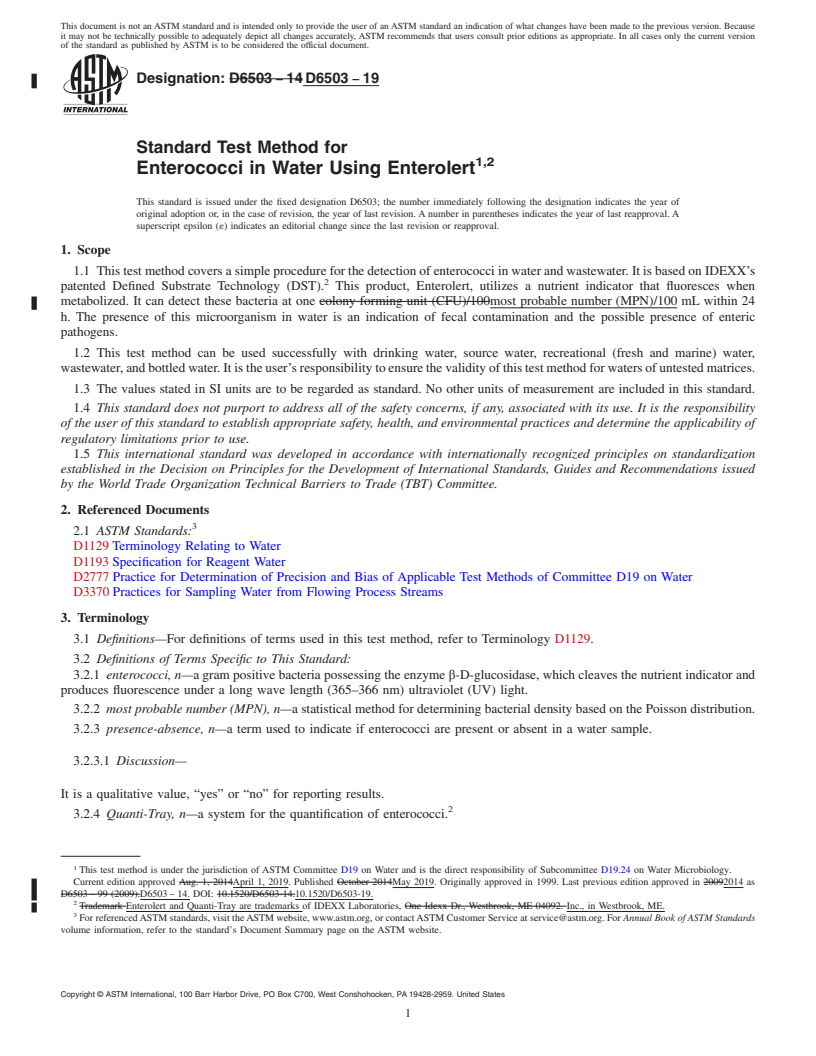 REDLINE ASTM D6503-19 - Standard Test Method for  Enterococci in Water Using Enterolert