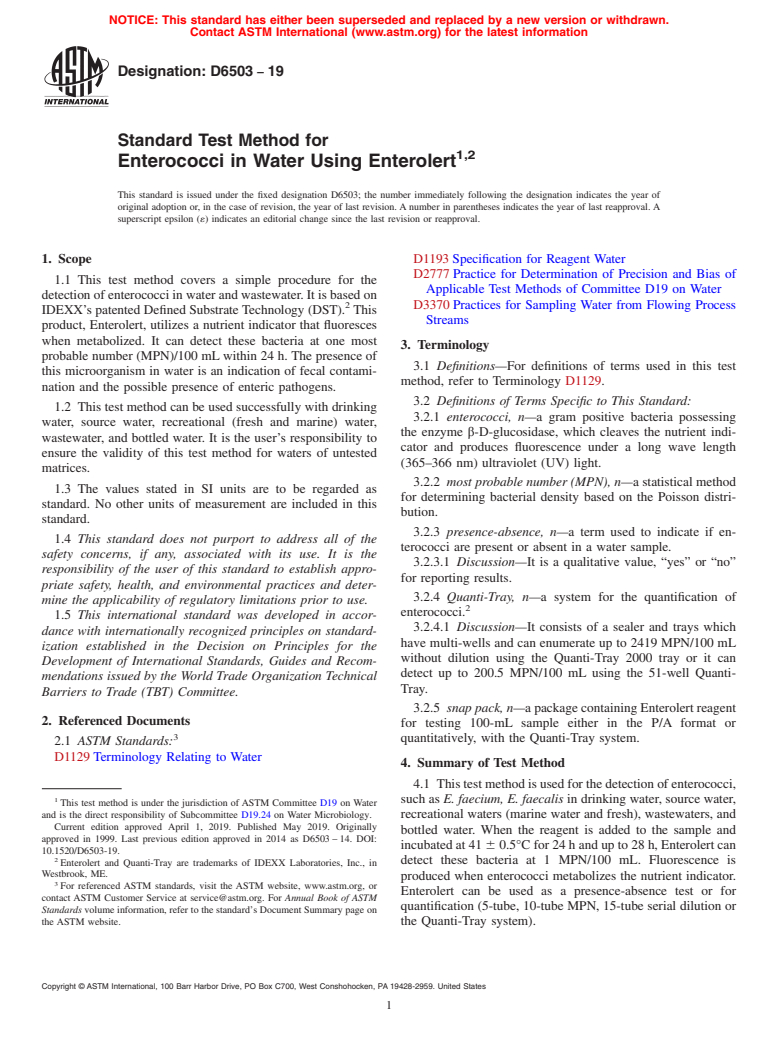 ASTM D6503-19 - Standard Test Method for  Enterococci in Water Using Enterolert