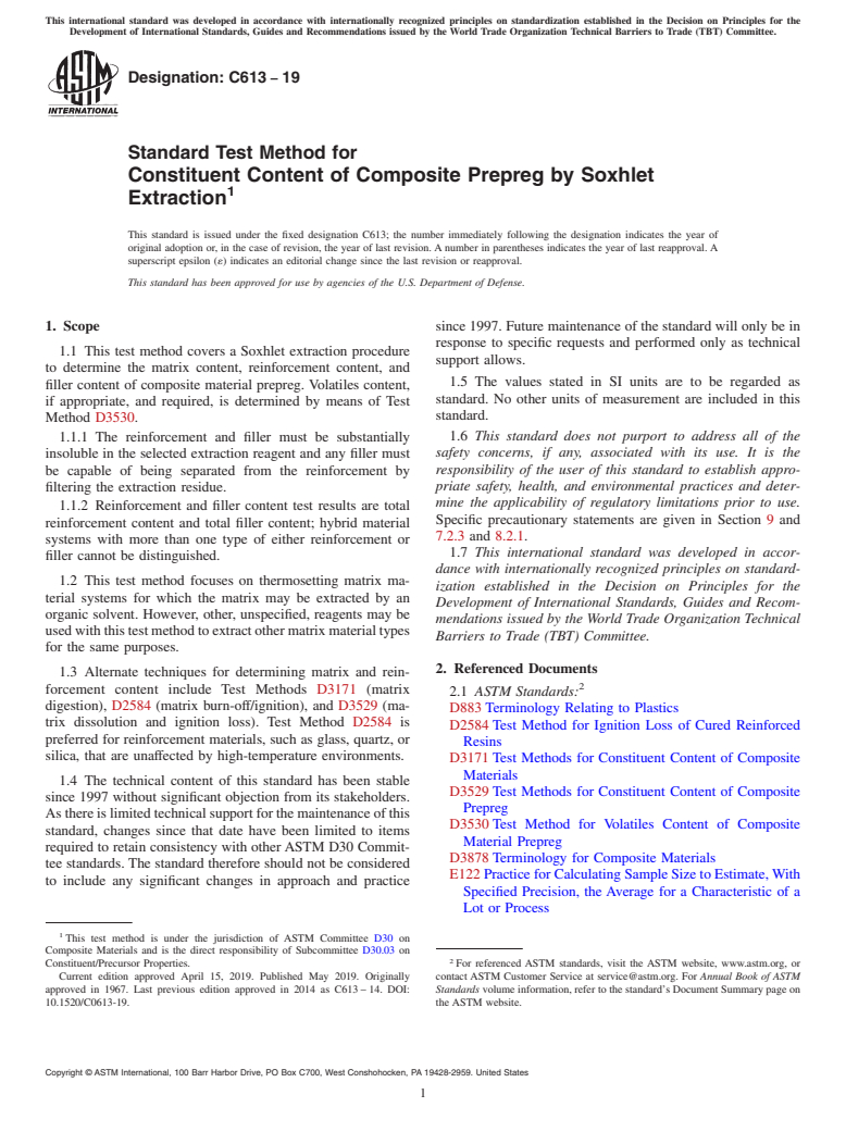 ASTM C613-19 - Standard Test Method for  Constituent Content of Composite Prepreg by Soxhlet Extraction