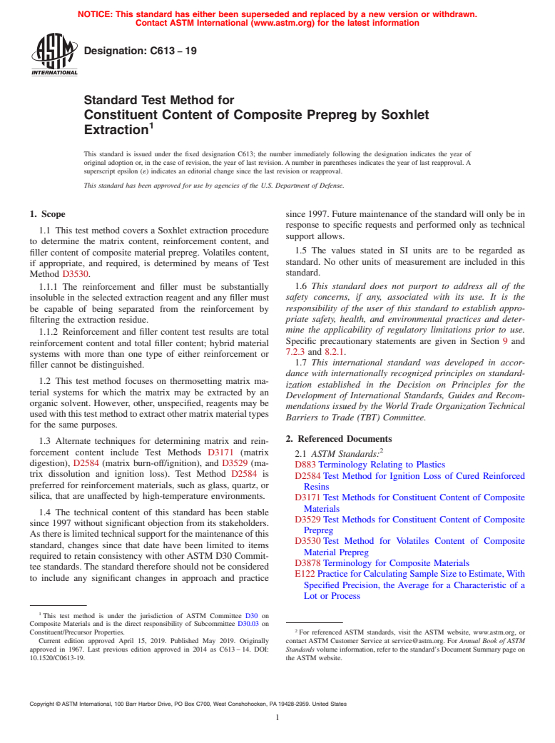 ASTM C613-19 - Standard Test Method for  Constituent Content of Composite Prepreg by Soxhlet Extraction