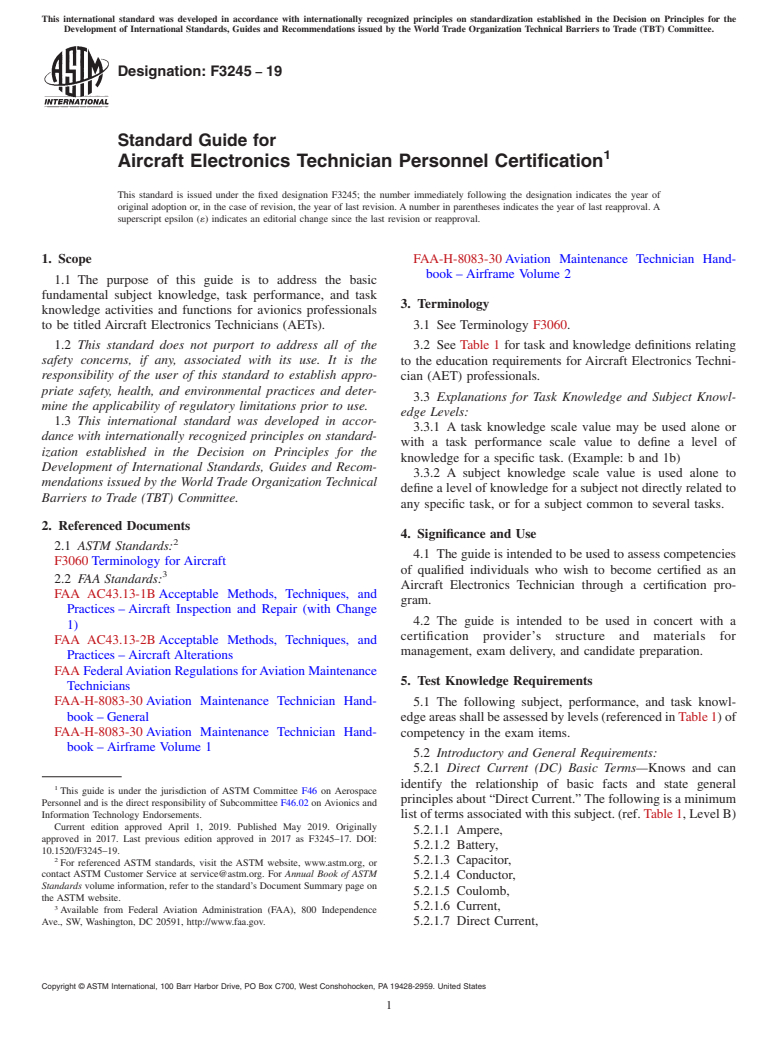 ASTM F3245-19 - Standard Guide for Aircraft Electronics Technician Personnel Certification