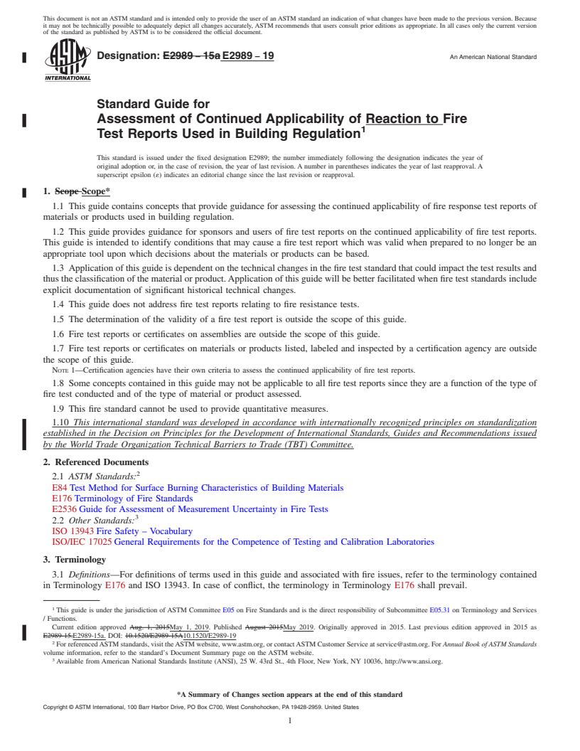 REDLINE ASTM E2989-19 - Standard Guide for Assessment of Continued Applicability of Reaction to Fire Test  Reports Used in Building Regulation