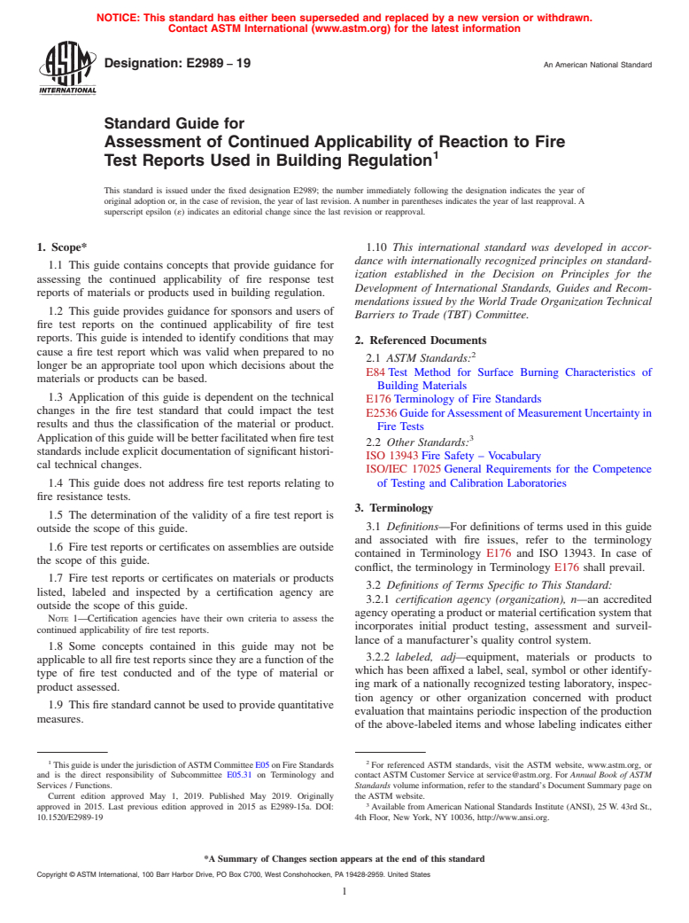 ASTM E2989-19 - Standard Guide for Assessment of Continued Applicability of Reaction to Fire Test  Reports Used in Building Regulation