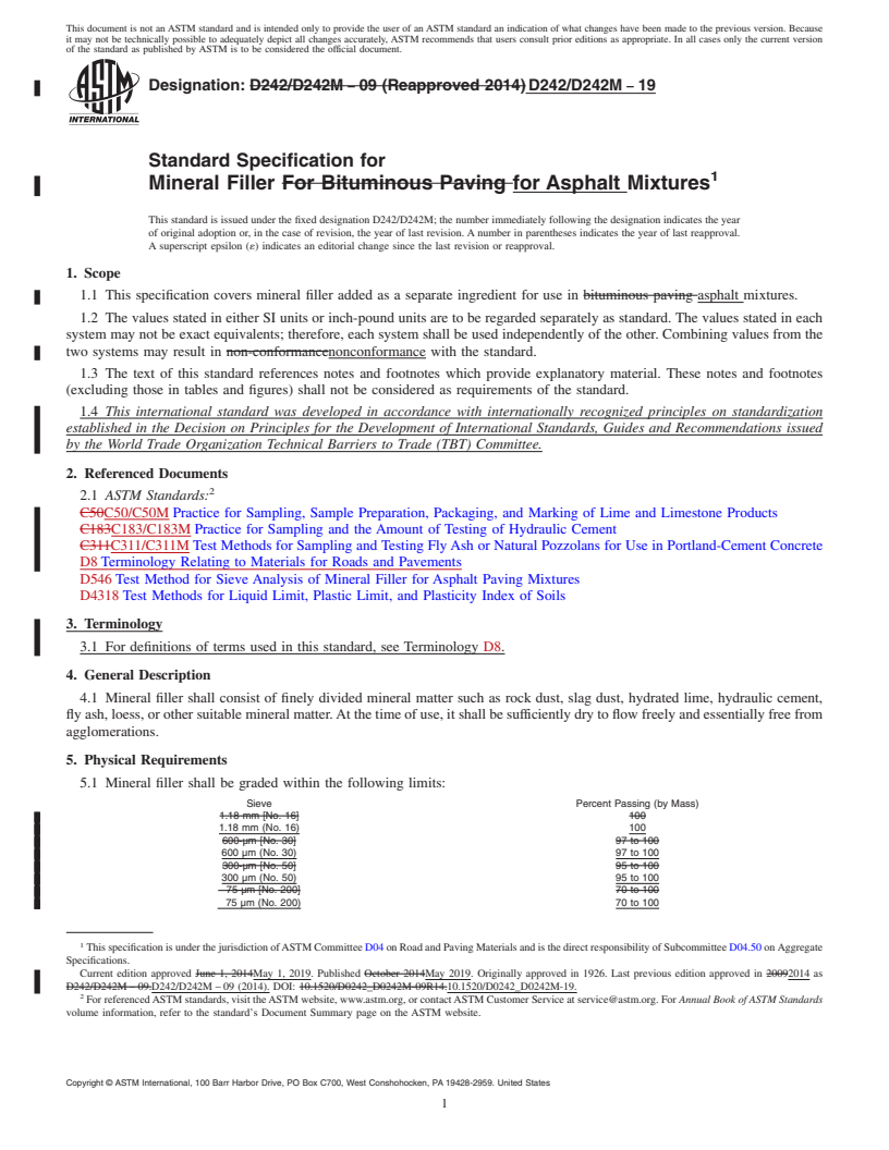 REDLINE ASTM D242/D242M-19 - Standard Specification for  Mineral Filler for Asphalt Mixtures