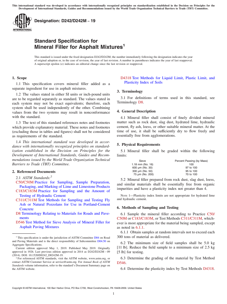 ASTM D242/D242M-19 - Standard Specification for  Mineral Filler for Asphalt Mixtures
