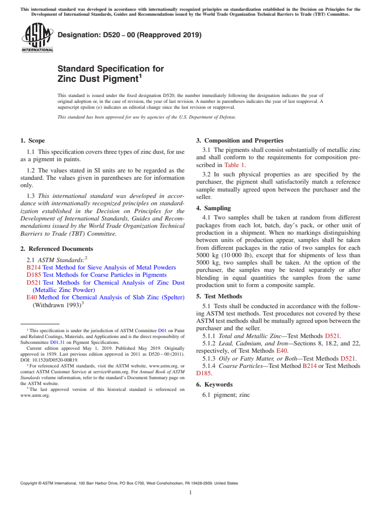 ASTM D520-00(2019) - Standard Specification for Zinc Dust Pigment