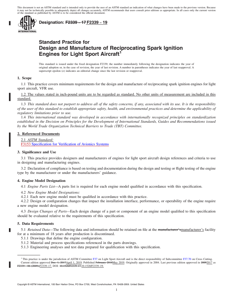 REDLINE ASTM F2339-19 - Standard Practice for Design and Manufacture of Reciprocating Spark Ignition Engines  for Light Sport Aircraft