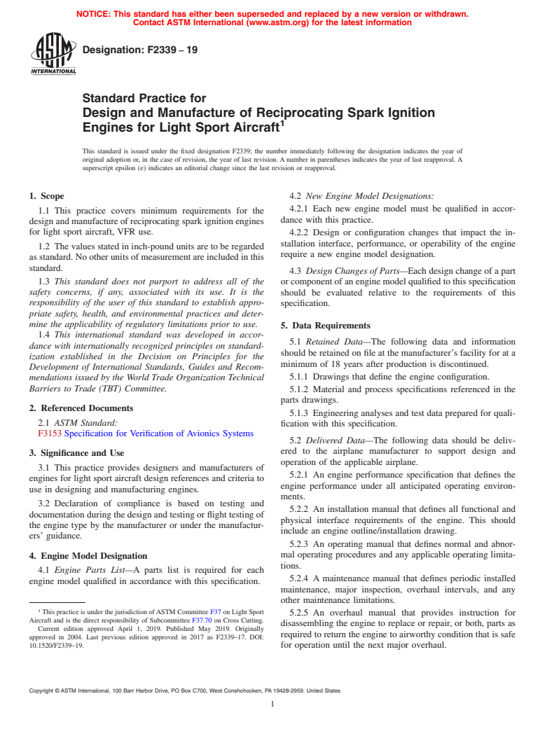 ASTM F2339-19 - Standard Practice for Design and Manufacture of Reciprocating Spark Ignition Engines  for Light Sport Aircraft
