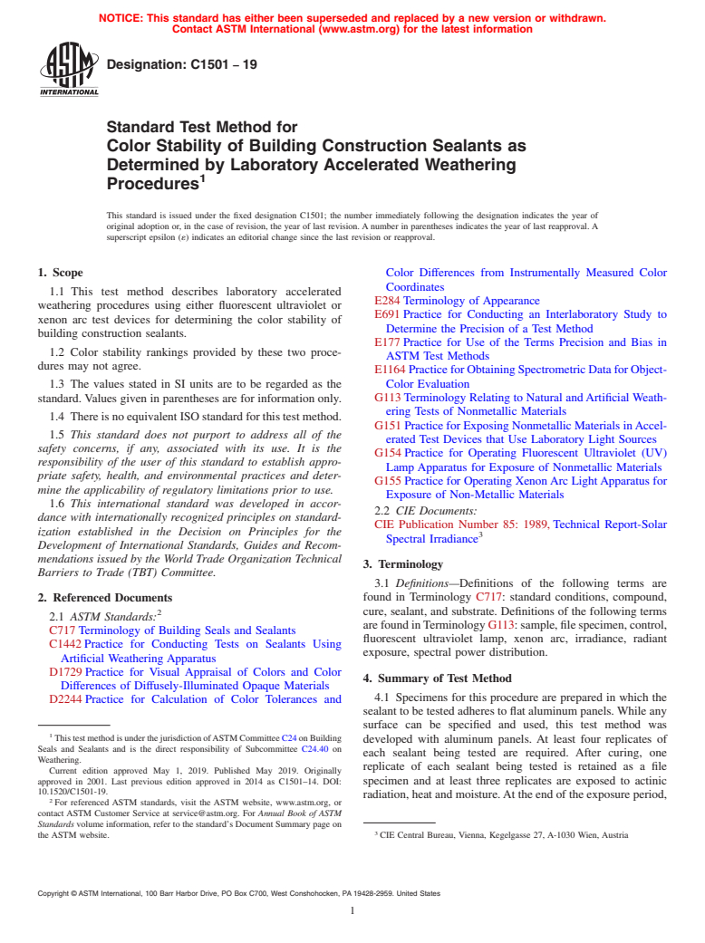 ASTM C1501-19 - Standard Test Method for  Color Stability of Building Construction Sealants as Determined  by Laboratory Accelerated Weathering Procedures