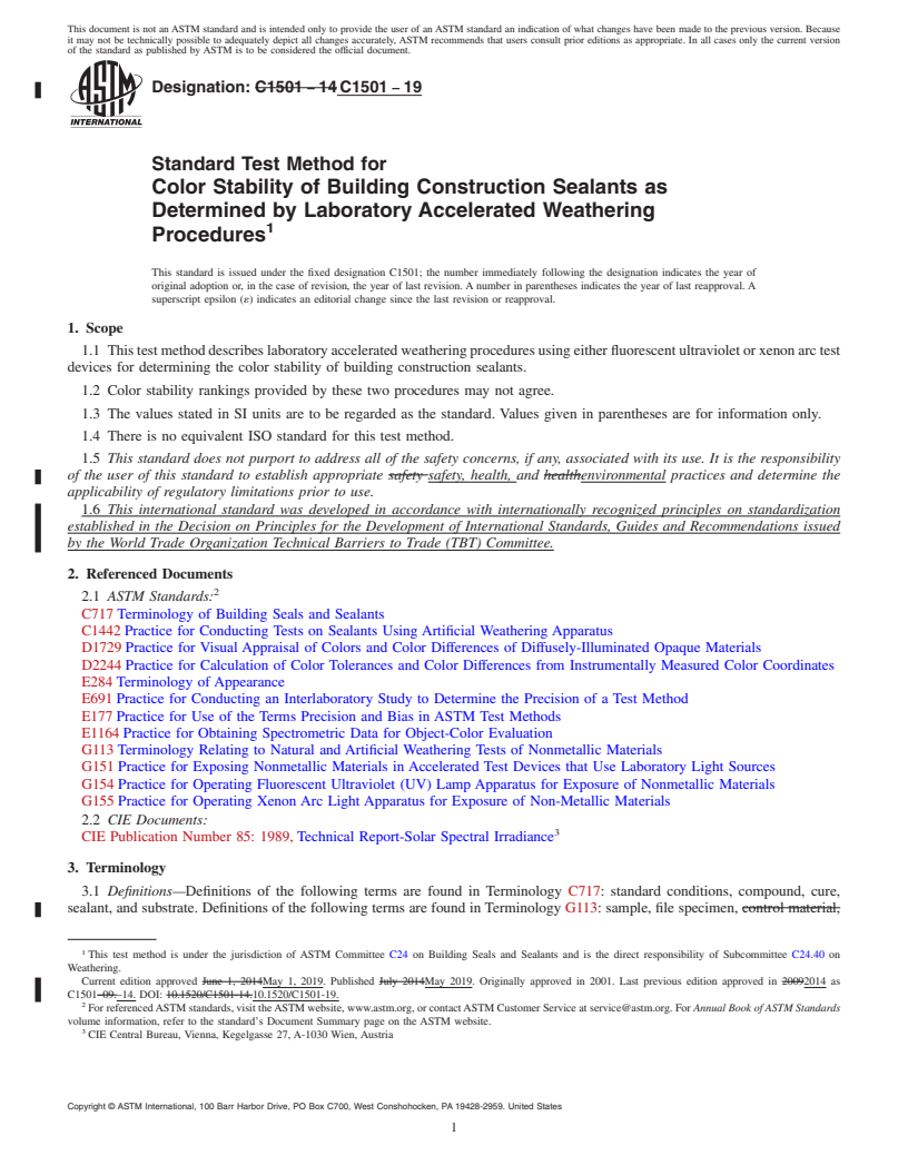 REDLINE ASTM C1501-19 - Standard Test Method for  Color Stability of Building Construction Sealants as Determined  by Laboratory Accelerated Weathering Procedures