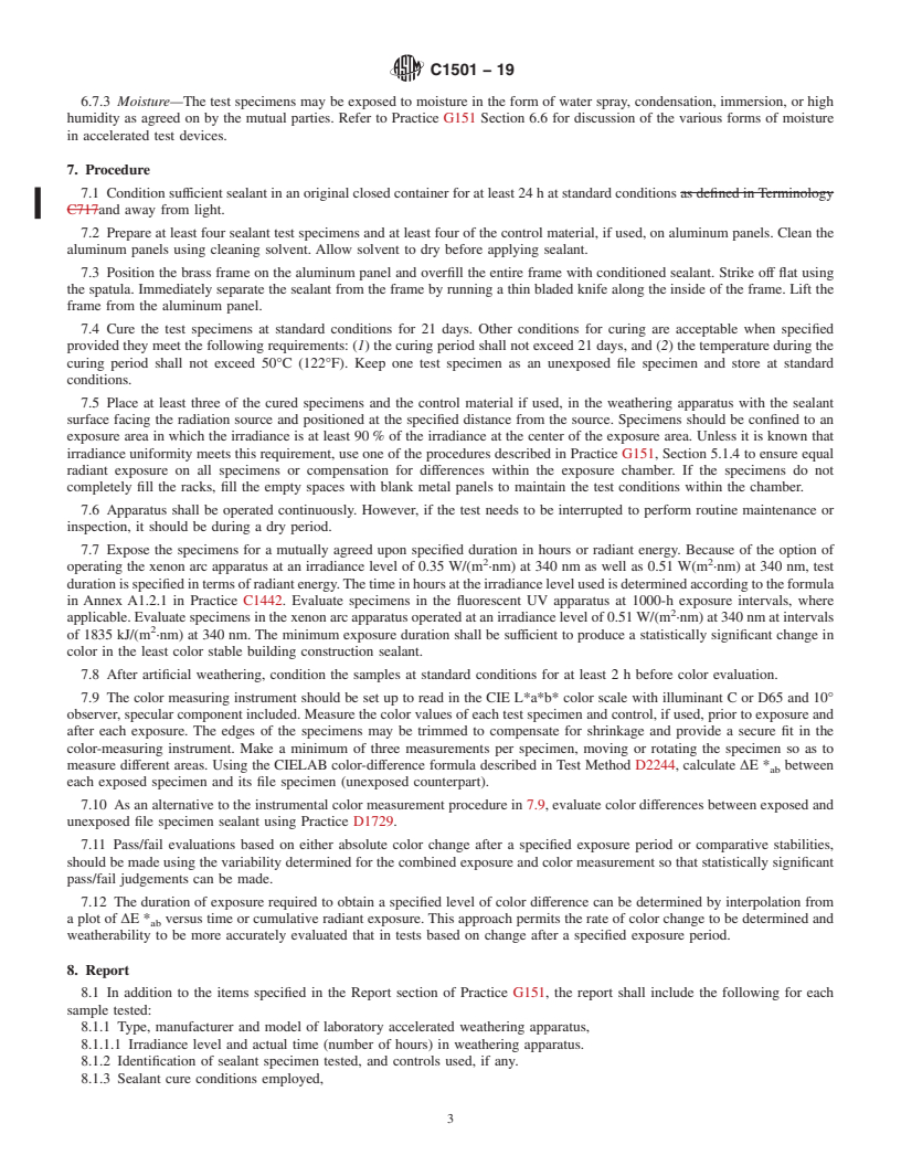 REDLINE ASTM C1501-19 - Standard Test Method for  Color Stability of Building Construction Sealants as Determined  by Laboratory Accelerated Weathering Procedures