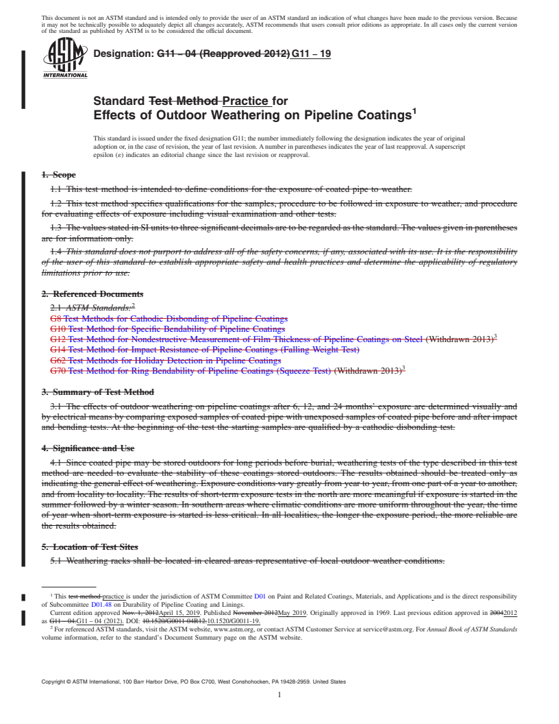 REDLINE ASTM G11-19 - Standard Practice for Effects of Outdoor Weathering on Pipeline Coatings