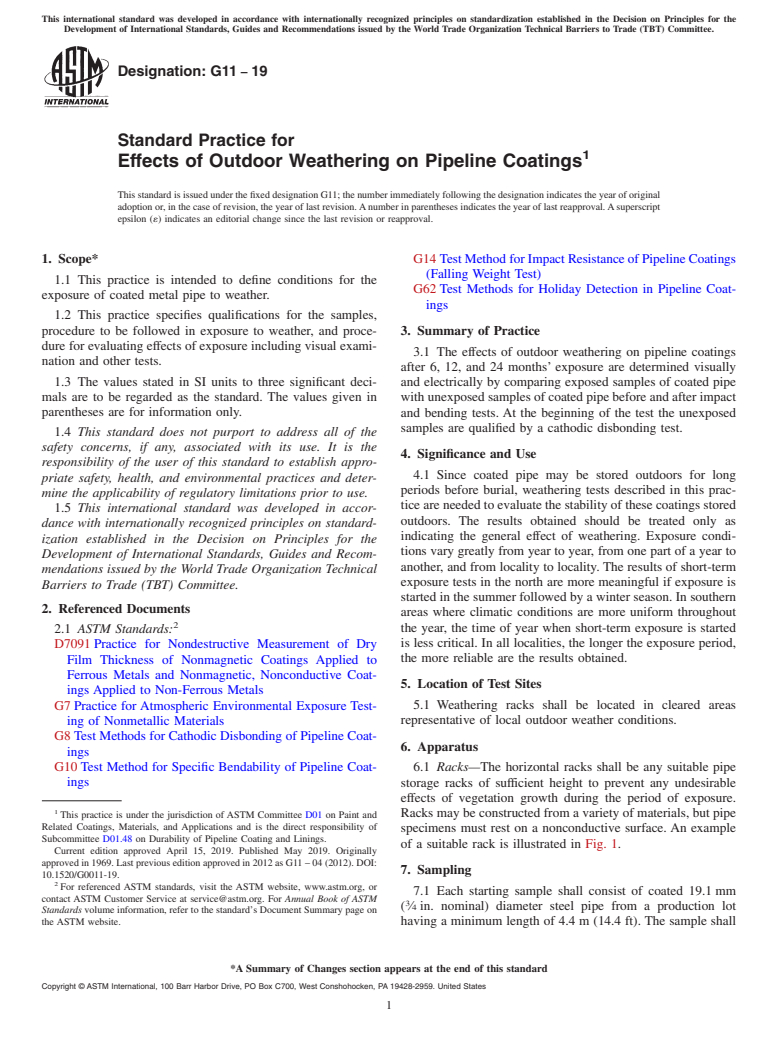 ASTM G11-19 - Standard Practice for Effects of Outdoor Weathering on Pipeline Coatings